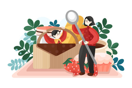 Mother and daughter eating strawberries in a basket. Flat vector illustration.のイラスト素材