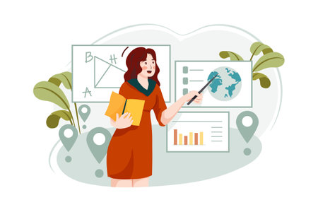 Businesswoman with map and pointer. Vector illustration in flat cartoon styleのイラスト素材