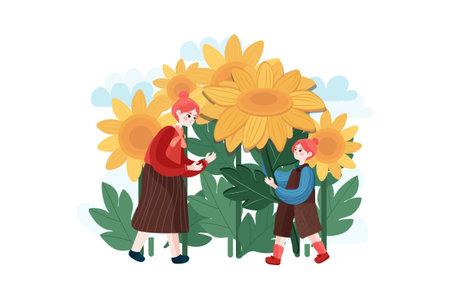 Mother and daughter with sunflowers in the garden flat vector illustration.のイラスト素材