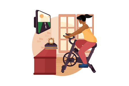 Cyclist man riding bicycle at home flat color vector faceless character. Exercising at home isolated cartoon illustration for web graphic design and animationのイラスト素材