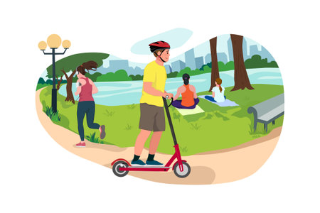 People riding electric scooters in the park flat color vector faceless characters on a city background. Eco-friendly transport.のイラスト素材