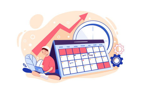 Time management concept in flat design. Young man sitting on the floor with calendar and clock. Vector illustration.のイラスト素材