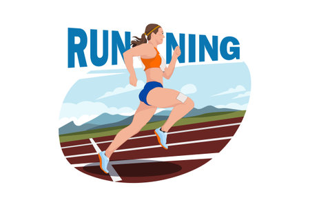 Running race banner. Female athlete running on racetrack. Flat vector illustration.のイラスト素材