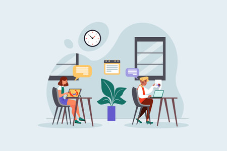 Businesspeople working in office vector illustration. Cartoon man and woman sitting at desk and working with computer. Teamwork, teamwork conceptのイラスト素材