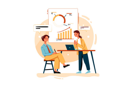 Teamwork and brainstorming concept in flat design. Businessman and businesswoman sitting at the table and working together. Vector illustration.のイラスト素材