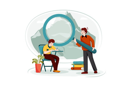 Man and woman looking through magnifying glass. Search for information. Vector illustrationのイラスト素材