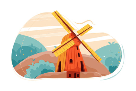 Windmill in the countryside. Countryside landscape with windmill. Vector illustrationのイラスト素材