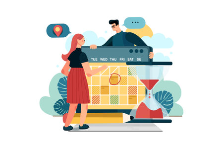 Man and woman using online dating app. Vector illustration in flat styleのイラスト素材