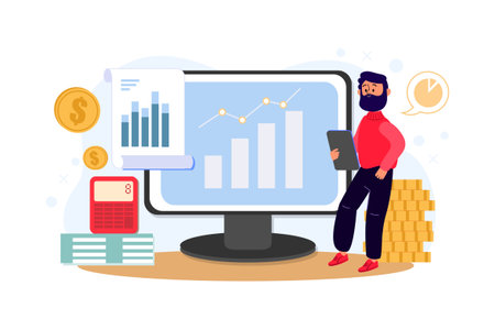 Investment concept vector illustration. Cartoon flat character of man with tablet and computer.のイラスト素材