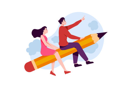Man and woman sitting on big pencils and pointing at something. Flat vector illustration isolated on white background.のイラスト素材