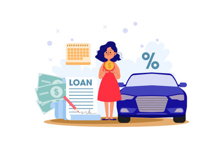 Car loan concept. Young woman with money, car and percent sign. Vector illustrationのイラスト素材