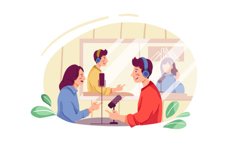 Radio host or radio host. Radio host in headphones, man and woman in headphones talk on microphone. Vector flat illustrationのイラスト素材