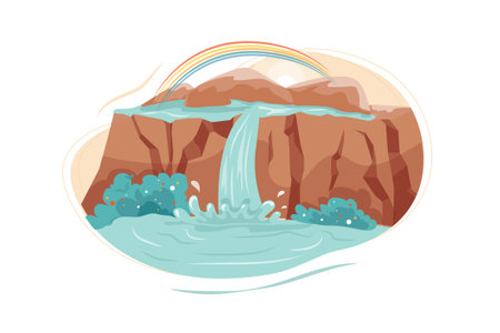 Waterfall in flat style. Waterfall in the mountains. Vector illustrationのイラスト素材