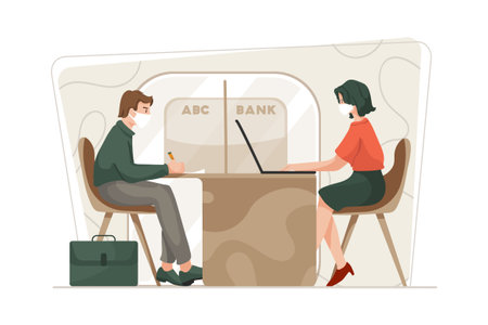Man and woman in medical masks working on laptops in train, flat vector illustration.のイラスト素材