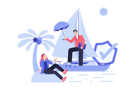 Businessman with umbrella and businesswoman sitting on boat, flat vector illustration.のイラスト素材