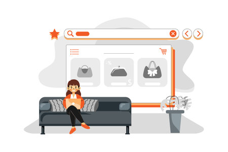 Woman sitting on sofa in living room and watching movie on laptop screen. Modern flat vector illustration.のイラスト素材