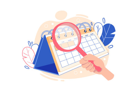 Calendar with magnifying glass in hand. Flat vector illustration.のイラスト素材
