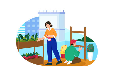 Woman taking care of plants in greenhouse flat color vector faceless character. Woman caring for plants at home isolated cartoon illustration for web graphic design and animationのイラスト素材