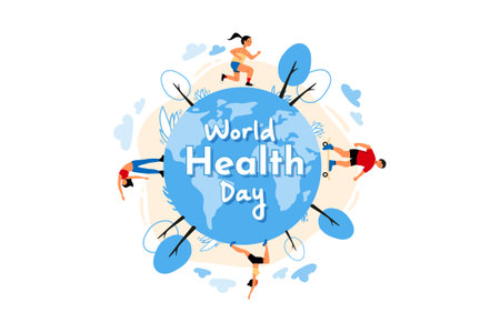 World Health Day concept with people running around the world. Vector illustration.のイラスト素材
