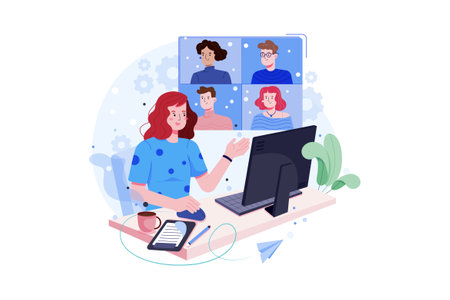 Video conference, webinar, online meeting. Group of people sitting in front of computer screen and talking. Flat vector illustration.のイラスト素材