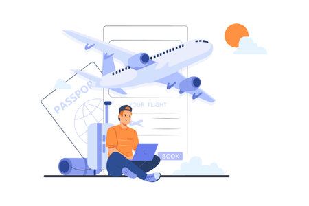 Airport, travel, business trip flat vector illustration. Cartoon man sitting on the floor with laptop and airplane on background.のイラスト素材