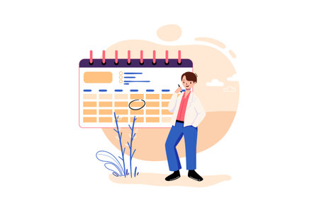 Planning schedule, time management concept. Young man in casual clothes with calendar. Vector illustration in a flat styleのイラスト素材