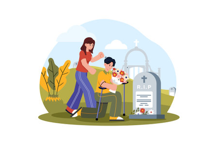 Families visit national cemeteries to pay their respects.のイラスト素材