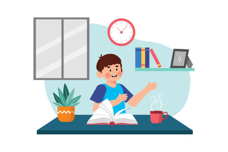 A child reads a book to improve their reading skills.のイラスト素材