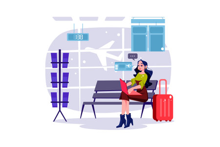 A woman buys plane tickets online to save moneyのイラスト素材