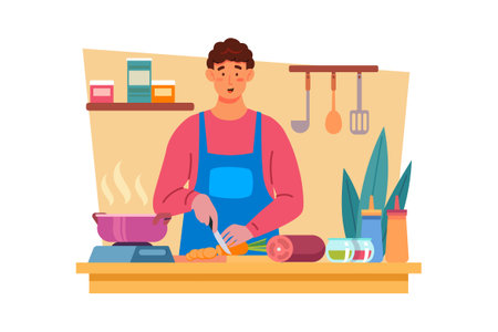 A man spends the day cooking his wife's favorite meal to show his loveのイラスト素材