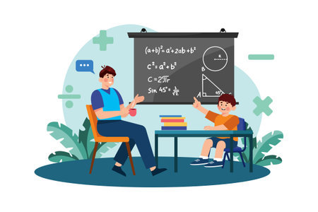 A parent helps their child with their math homework.のイラスト素材