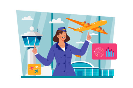 Air traffic controller monitoring multiple flights and ensuring safe takeoffs and landings.のイラスト素材