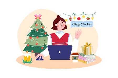 Woman send Christmas greeting onlineのイラスト素材
