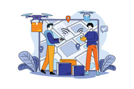 Guy with tablet caused boxed cargo delivery via electric wireless droneのイラスト素材