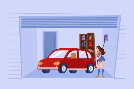 Woman Charging an electric car at homeのイラスト素材