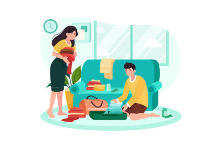 The couple has a problem with packing for the tripのイラスト素材