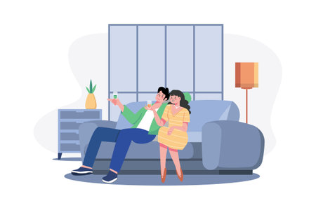 Young couple sitting at armchairs in the room holding wineglassesのイラスト素材