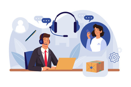 Businessman Wearing Headset Talking to a caller in Customer Services Centerのイラスト素材