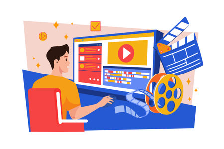 Video creator edits video with professional equipment Illustration concept on white backgroundのイラスト素材