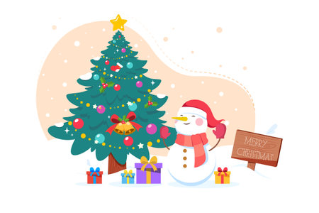 Christmas tree with snowman flat illustration concept on white backgroundのイラスト素材