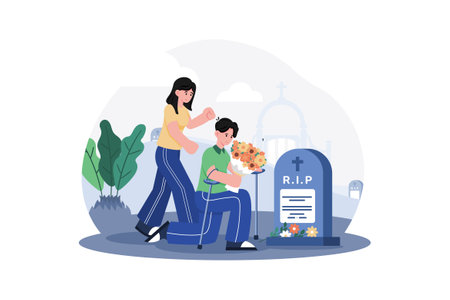 Families Visit Cemeteries To Pay Respects.のイラスト素材