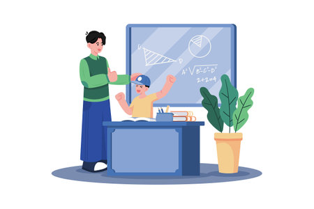 A parent helps their child with their math homework.のイラスト素材