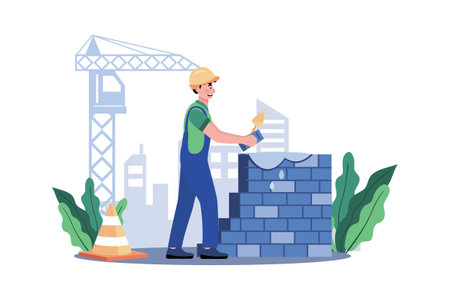 Construction worker lays bricks for sturdy wall.のイラスト素材