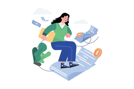 Woman flies on a bill of money to the officeのイラスト素材
