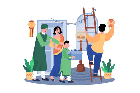 Indian People Decor Houses On Diwali Festivalのイラスト素材