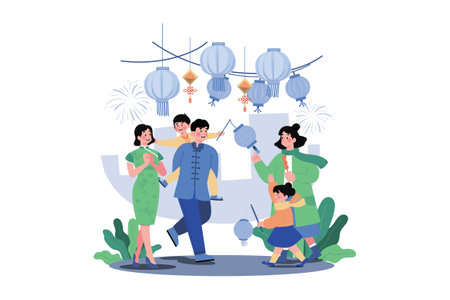 The Family Goes To The Spring Festival.のイラスト素材