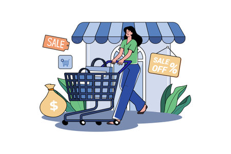 The Woman Pushes The Shopping Cart Out Of The Storeのイラスト素材