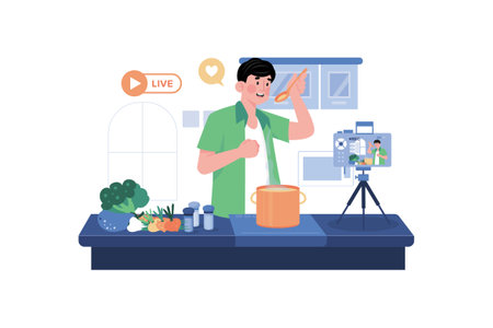 Happy Man Cooking Dishes In The Kitchen On A Live Streamのイラスト素材