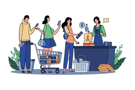 Crowd Of People Using Gadgets Waiting In Line At Checkout In A Supermarketのイラスト素材