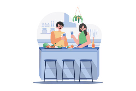 Couple Holding Wineglasses In Hands Stand At Kitchen Desk With Fruitsのイラスト素材